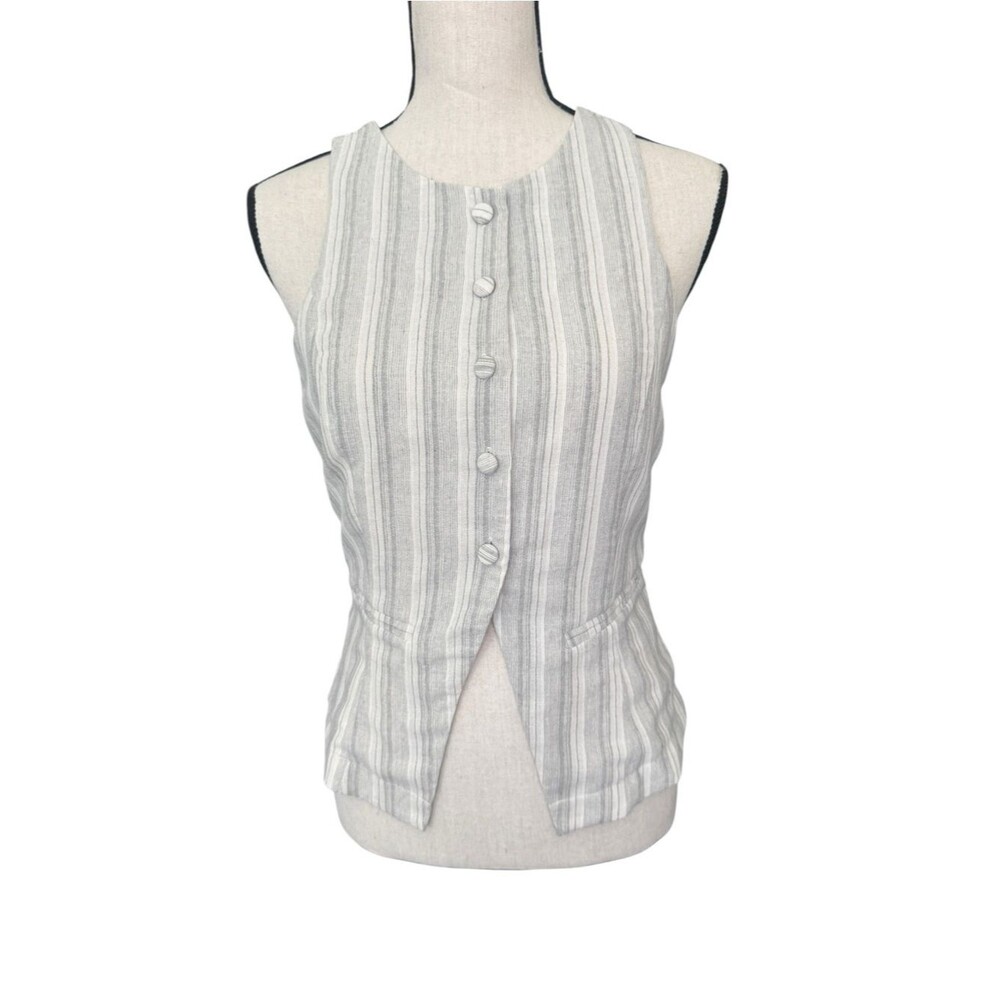 Kirious Los Angeles Striped Linen Blend Button Front Vest Sleeveless Top M Gray